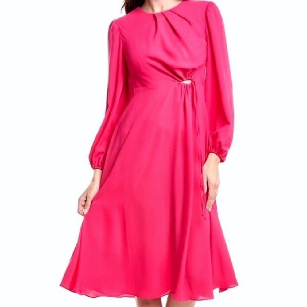 CABI NWT Women's Medium Fuchsia Pink Cutout Ring Midi Long Sleeve Delight Dress